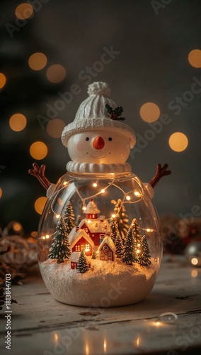 Festive snowman jar with christmas village, fairy lights, snowy trees, cozy holiday winter decoration, warm glowing bokeh