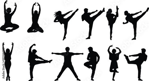 Dynamic collection of diverse dance silhouettes, yoga poses, martial arts movements, expressive body shapes, fitness activity icons, creative motion illustration set