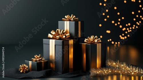 Elegant Black and Gold Gift Boxes with Bows and Festive Background