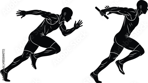 Dynamic silhouette illustration of male sprinters in powerful running motion, athletic performance, relay race baton exchange, speed training concept, sports energy.