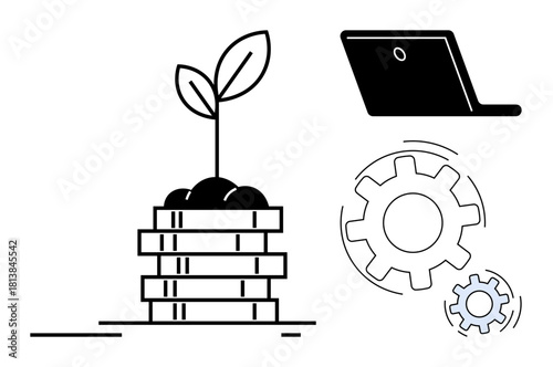 Stack of coins with a small plant, a laptop, and spinning gears representing innovation, sustainability, technology, economic growth, productivity, eco-friendly initiatives and development. Ideal