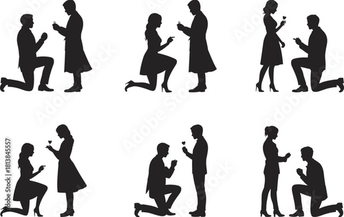 Romantic proposal silhouettes featuring couples kneeling, offering engagement rings, expressing love, commitment, marriage, celebration, emotional moment, romantic gesture