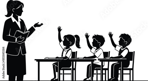 Silhouette classroom scene showing teacher instructing students raising hands during lesson, education learning environment, school teaching interaction, academic classroom illustration