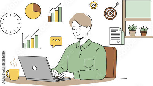 Young man working remotely on laptop at home, analyzing graphs, data, productivity charts, achieving goals, planning tasks, time management, digital marketing, freelance business success