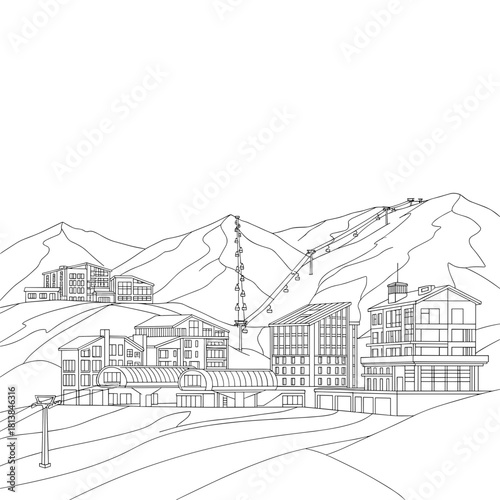 Mountain resort buildings with ski lifts and slopes in outline style  