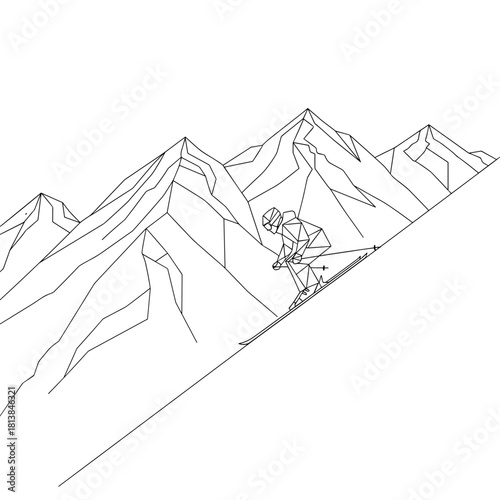 Abstract skier descending mountain slope in linear design  