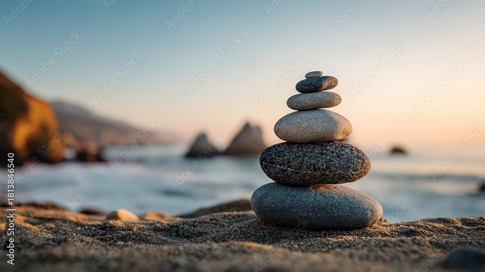 Fototapeta premium Zen Stone Stack on Beach at Sunset with Golden Light Reflection and Soft Focus Rock Formation in Background