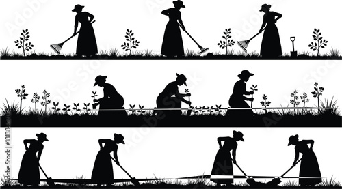 Silhouette women gardening in various outdoor activities, planting, raking, digging and working in garden field, farming illustration, agriculture concept vector design