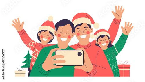Festive Selfie: A joyful family gathers for a holiday selfie, embodying the spirit of togetherness and warmth during the festive season. 