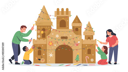 Family castle decoration: A family collaboratively decorates a sandcastle. The scene is filled with festive elements. Focus on the collaborative activity and the shared joy of holiday decoration. 