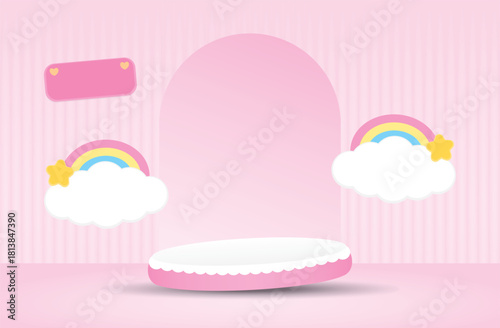 cute kawaii style podium display with rainbow and cloud on sweet pastel pink wall and floor 3d illustration vector for putting girly product or object