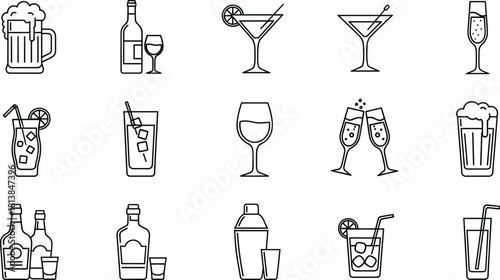 Alcohol drink icons set, vector line art illustration, bar beverages, beer, wine, cocktails, liquor bottle symbols, party menu outline collection