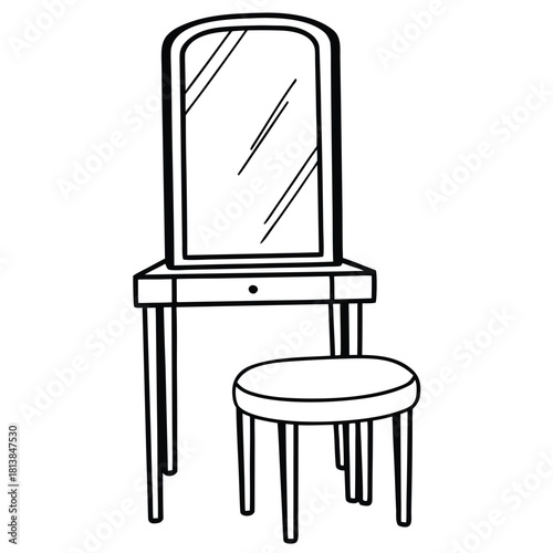 A Flat Vector of a Vanity Mirror with Stool, illustrating a dressing table setup.