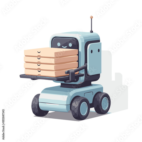 Compact wheeled pizza delivery robot carrying stacked boxes in soft pastel colors on a clean white background, minimalist 3D vector design showing friendly futuristic courier for modern urban food 