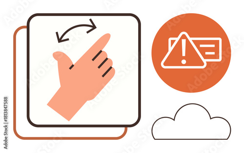 Hand gesture swipe, alert triangle with exclamation mark, and cloud suggest navigation, warnings, and cloud computing. Ideal for apps, notifications, interaction, data storage reminders UIUX