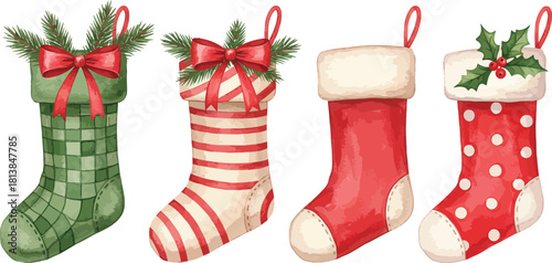 Four festive christmas stockings in various designs and colors adorned with bows holly and candy canes ready for santa s gifts