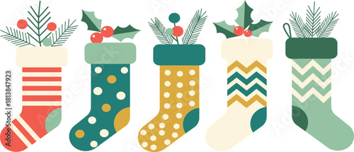 Five festive christmas stockings in a row each uniquely decorated with colorful patterns and filled with evergreen branches and holly berries celebrating the holiday season