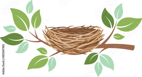 A charming hand drawn illustration of a rustic bird s nest woven from twigs and grass nestled on a tree branch surrounded by fresh green leaves