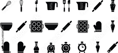 Baking tool icon set, black white vector, whisk spatula rolling pin, piping bag bowl, kitchen timer, oven mitt, utensils