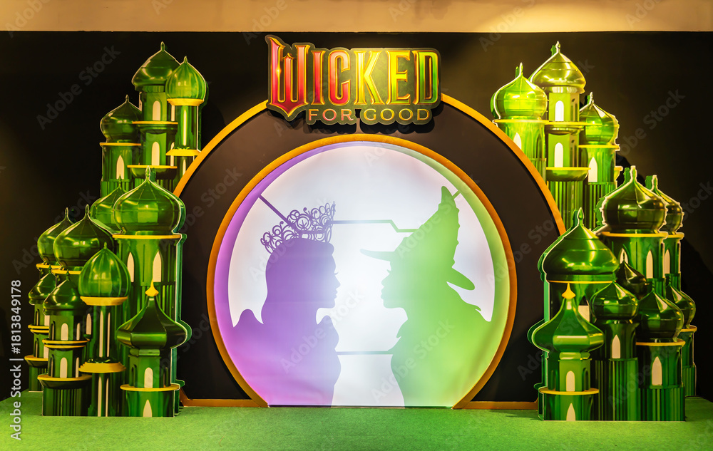 Naklejka premium BANGKOK, THAILAND, 19 November 2025 - A beautiful standee of a movie called Wicked 2 : For Good Display at the cinema to promote the movie