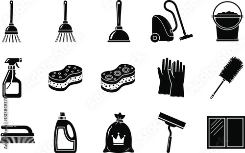 Cleaning icon set, black white vector, broom plunger vacuum, gloves brush bucket, spray sponge squeegee, hygiene tools, household supplies