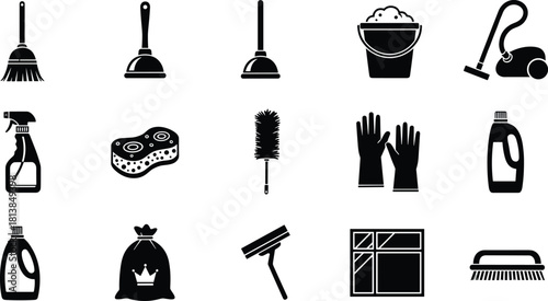Cleaning icon set, black white vector, broom plunger vacuum, gloves brush bucket, soap sponge squeegee, hygiene tools, household supplies