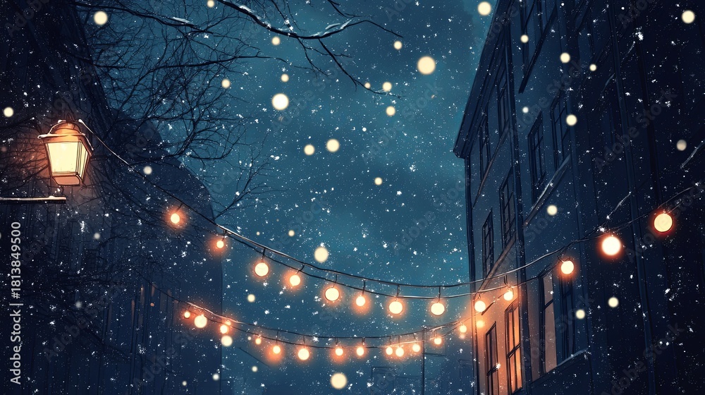Obraz premium snowfall at night with glowing windows and string lights above street .