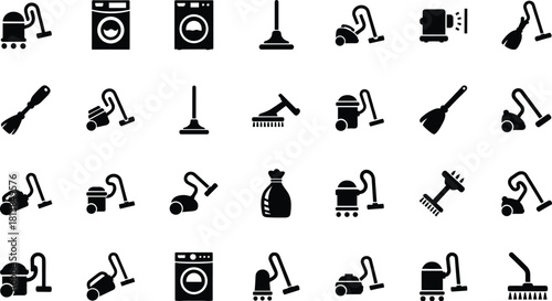 Cleaning tool icon set, black white vector, vacuum brush broom, washing machine, dustpan design, household appliance, sanitation symbol
