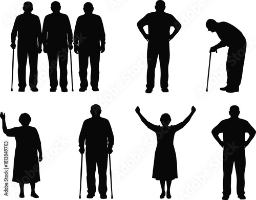 Silhouettes of elderly people with canes and in various poses, senior citizens standing, walking, raising hands, vector illustration