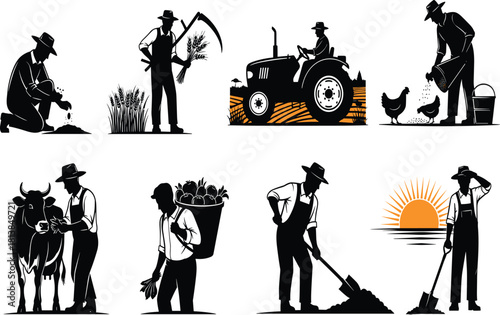 Silhouettes of farmers working in fields, planting, harvesting, feeding animals, using tractors, traditional agriculture, rural life, farming scenes, sunrise.
