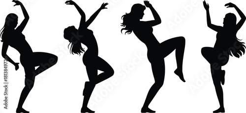 Silhouettes of energetic women dancing in modern freestyle poses, contemporary movement vector illustration perfect for music, dance, or fitness concepts