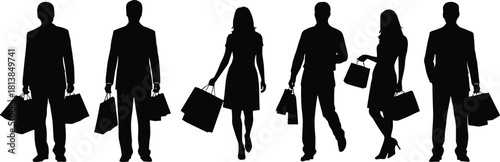 Silhouettes of fashionable men and women in business attire carrying shopping bags, walking confidently, stylish shopping scene