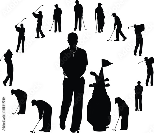 Silhouettes of golfer playing golf with clubs, various swing poses and stances, golf bag included, sports recreation vector collection