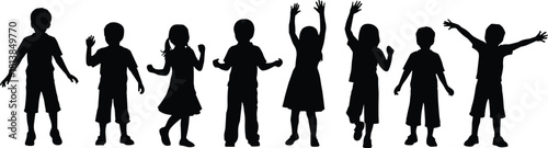 Silhouettes of happy kids playing and dancing, diverse children standing, jumping, and raising hands, joyful childhood activity outdoors