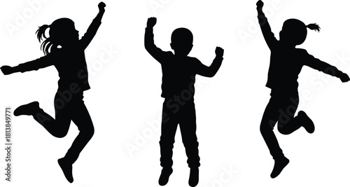 Silhouettes of happy children jumping with joy — energetic kids in motion, isolated on white background for fun lifestyle concept