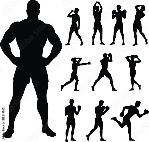 Silhouettes of male boxer, training poses, shadow boxing, fitness expressions, boxing stance, muscular body, gym athlete, workout strength