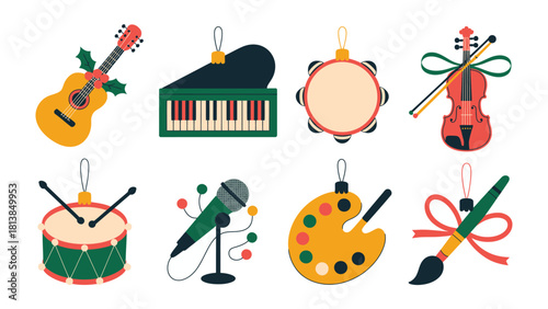 Musical Ornaments for Festivities: A collection of festive ornaments, including a guitar, piano, tambourine, violin, drum, microphone, palette, and brush.