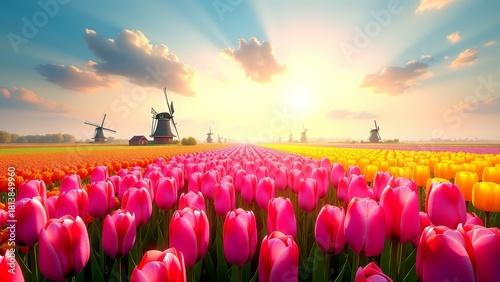 Tulip fields with windmills under sunlight sky