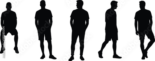 Silhouettes of men standing, walking, and sitting in casual summer clothing, diverse poses and body language in black vector style