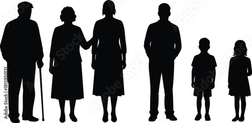 Silhouettes of multigenerational family members including elderly, adults, and children standing together, perfect for community, healthcare, or family concepts