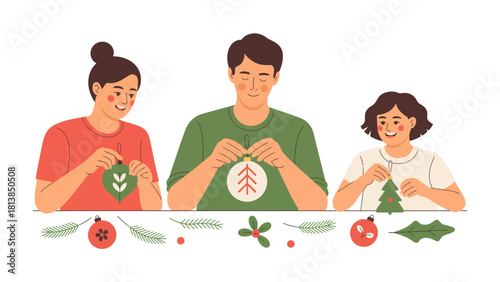 Christmas Crafting: A warm and heartwarming scene of a family crafting together Christmas decorations, capturing the spirit of togetherness and festive creativity.