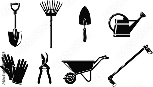 Gardening tool silhouette, black white icon, shovel rake trowel, watering can, pruning shears, wheelbarrow, gloves, hoe, vector design