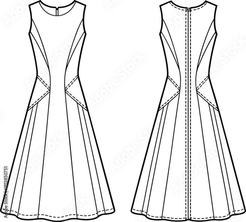 Elegant sleeveless dress technical flat sketch featuring fitted bodice, flared panel skirt design, precision seam detailing, and professional fashion illustration style