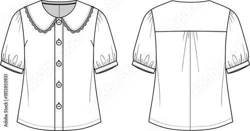 Charming women’s button-front blouse technical flat vector illustration featuring scalloped collar, puff sleeves, gathered details, and structured back yoke for apparel design