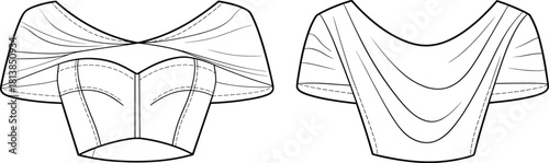 Elegant women’s draped off-shoulder crop top technical flat vector illustration showcasing structured bodice panels, soft gathered overlays, and graceful back cowl detailing