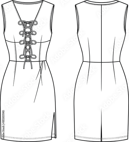Stylish sleeveless women’s dress technical flat vector illustration featuring lace-up front detail, fitted waist shaping, clean back view, and side slit design
