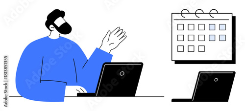Man using laptop while gesturing near desk, calendar with dates visible, second laptop nearby. Ideal for productivity, planning, scheduling, organization, workflow, remote work time management