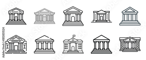 Line art icons set of classical bank and government architecture