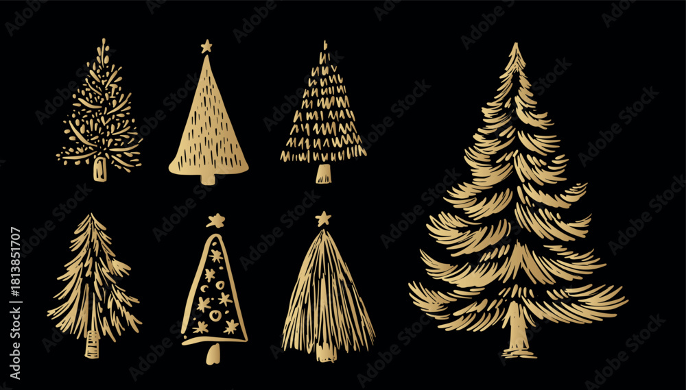 Obraz premium Gold Christmas tree set on black, hand drawn illustration