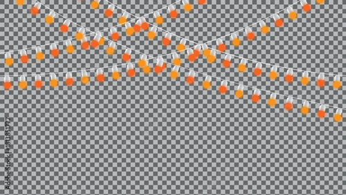 Festive orange and yellow string lights hanging decoratively on transparent background. isolated on transparent background
